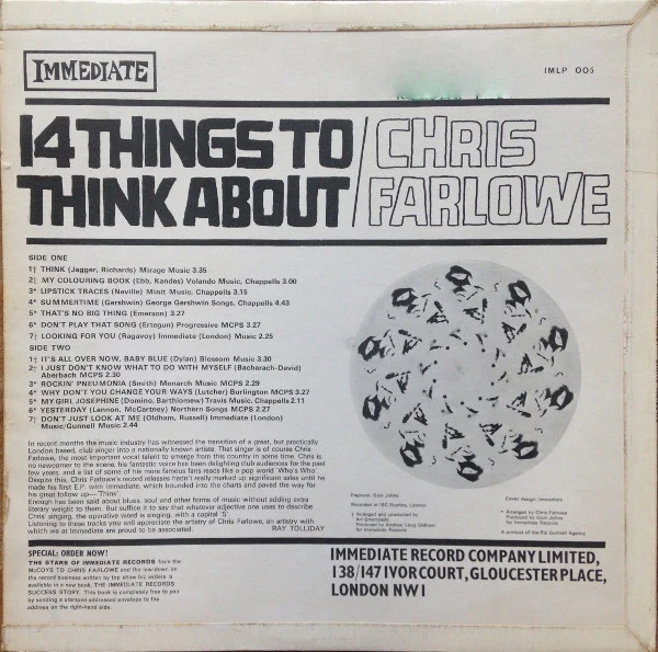 CHRIS FARLOWE, 14 Things to Think About (Immediate Lilac; IMLP005, UK 1966, Flipback Sleeve, Mono), SALE - Up to 50% Off the Original Price LP VG+/VG - Image 2
