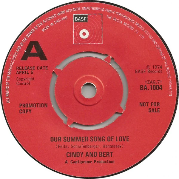CINDY & BERT, Our Summer Song Of Love / Spanish Guitars (BASF; BA 1004, UK 1974, Promo), SALE - Up to 50% Off the Original Price 7" /VG