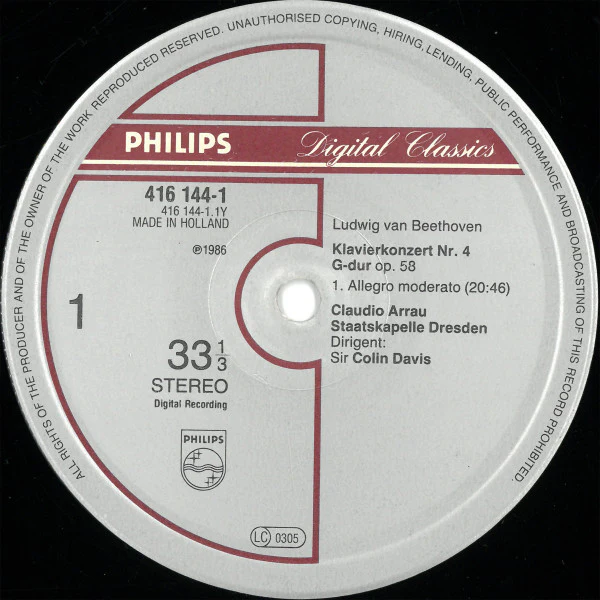 CLAUDIO ARRAU, SIR COLIN DAVIS, STAATSKAPELLE DRESDEN, Beethoven: Piano Concerto No. 4 / 34 Variations On An Original Theme WoO 80 (Philips Digital Classics; 416 144-1, Netherlands 1986) LP VG+/VG+ - Image 3