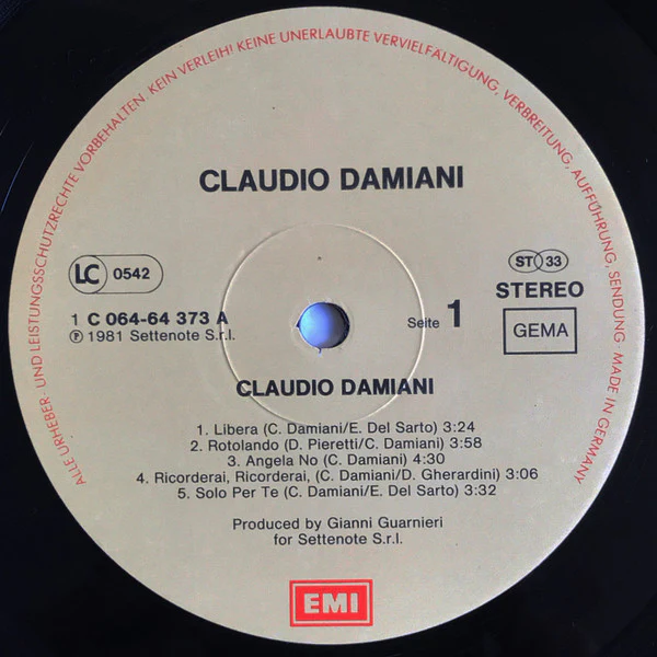 CLAUDIO DAMIANI, Claudio Damiani (EMI; 1C 064-64 373, Germany 1981), SALE - Up to 50% Off the Original Price  LP VG/VG - Image 3