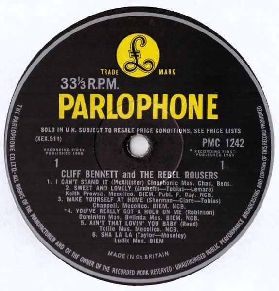 CLIFF BENNETT & THE REBEL ROUSERS, Cliff Bennett & The Rebel Rousers (Parlophone ; PMC 1242, UK 1965, Laminated Flipback Sleeve, Mono, "RECORDING FIRST PUBLISHED 1965" On Labels), SALE - Up LP VG/VG - Image 3