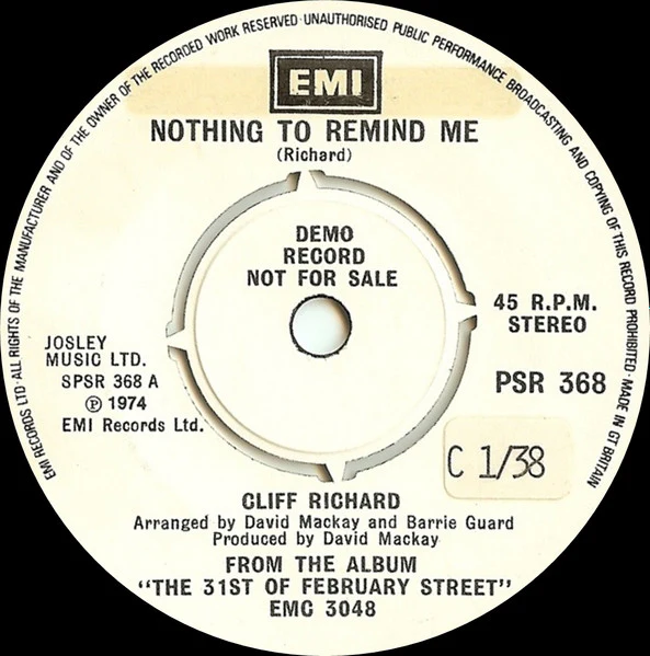 CLIFF RICHARD, Nothing To Remind Me (EMI; PSR 368, UK 1974, Promo Only, Company Sleeve) 7" VG/VG