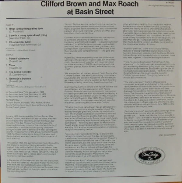 CLIFFORD BROWN AND MAX ROACH, At Basin Street (EmArcy; 6336 707, Europe 1982 Reissue) LP VG+/VG - Image 2