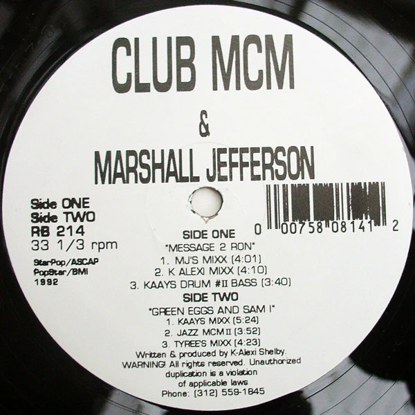 CLUB MCM & MARSHALL JEFFERSON, Message 2 Ron (Rhythm Beat ; RB 214, US 1992) 12" /VG+