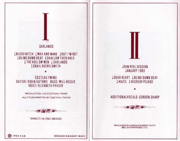 COCTEAU TWINS, Garlands (4AD; CAD C 211, UK 1983) Cassette VG+/VG+ - Image 2