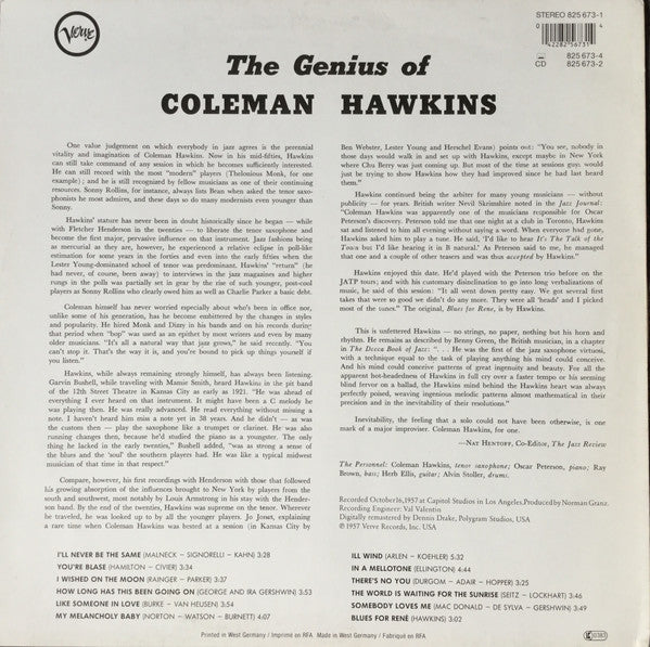 COLEMAN HAWKINS, The Genius Of Coleman Hawkins (Verve Records; 825 673-1, Germany 1986 Reissue) LP VG+/VG+ - Image 2