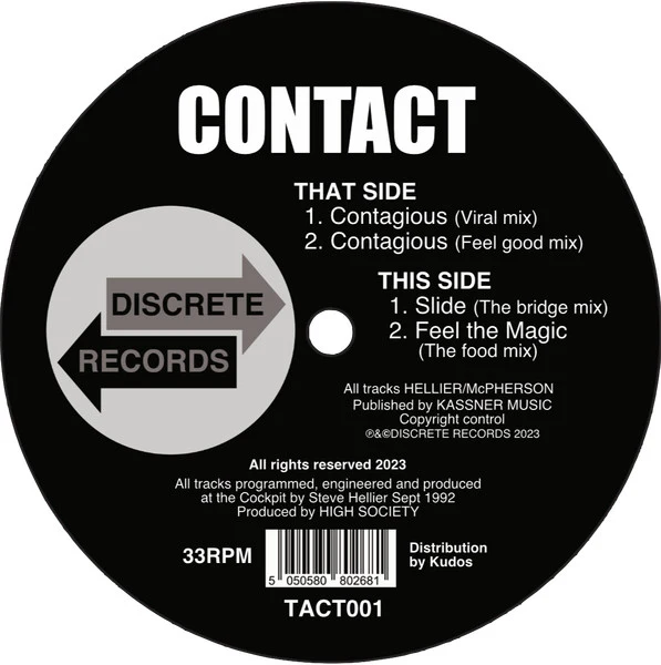 CONTACT, Contagious (Discrete Records; TACT001, UK 2023 Reissue, Stickered Plain Sleeve) 12" VG+/VG+