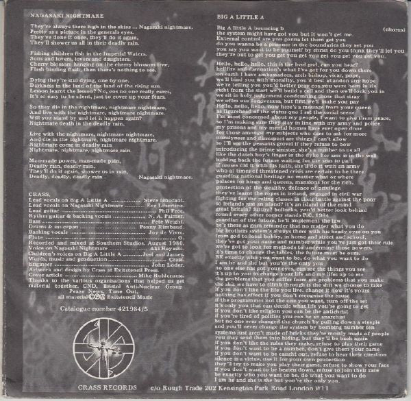 CRASS, Nagasaki Nightmare / Big A Little A (Crass; 421984/5, UK 1980, Fold Out Sleeve, NO Anti War Patch, SLP in Matrix) 7" VG/VG+ - Image 2