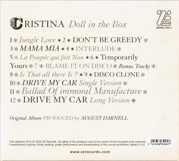 CRISTINA, Doll In The Box (ZE Records; ZEREC.CD11, Europe 2004 Reissue) CD VG+/VG+ - Image 2