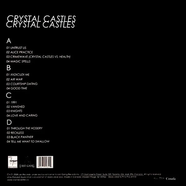 CRYSTAL CASTLES, Crystal Castles (Last Gang Records; Q1 00962, Canada 2017 Reissue, Precision Record Pressing) 2xLP NEW/NEW - Image 2