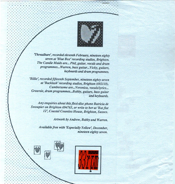 CUMBERSOME / CANDIE MAIDS, Sexy Flexi (Sexy Flexi ; none, UK 1987, Fold Over Sleeve, No Magazine, One Sided Flexidisc, No Coloured Tape On Sleeve) 7" VG/VG - Image 2