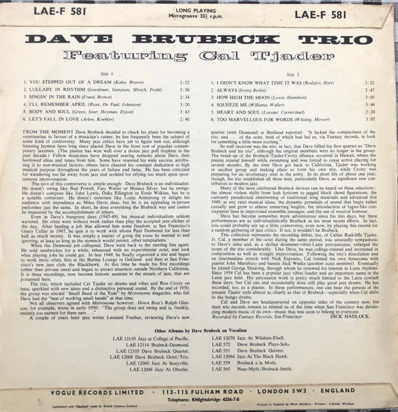 DAVE BRUBECK TRIO FEATURING CAL TJADER, Dave Brubeck Trio Featuring Cal Tjader (Vocalion; LAE-F 581, UK 1964, Laminated Flipback Sleeve) LP VG/VG+ - Image 2
