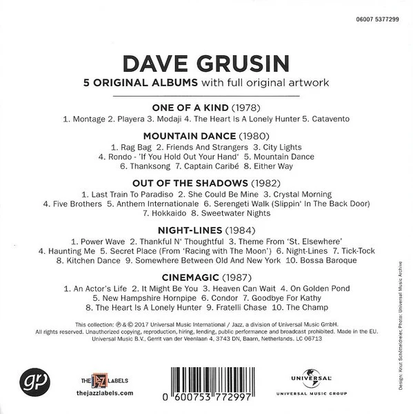 DAVE GRUSIN, 5 Original Albums (The Jazz Labels; 06007 5377299, Europe 2017, Box Set, 5 Inners) 5xCD EX/EX - Image 2
