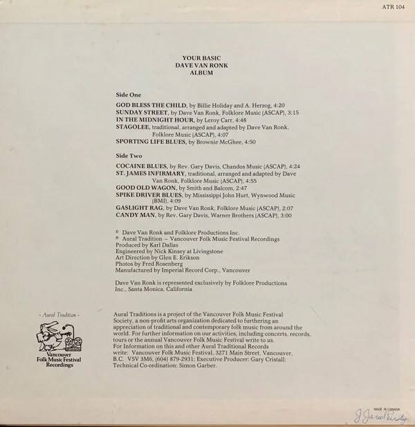 DAVE VAN RONK, Your Basic Dave Van Ronk Album (Aural Tradition Recordings; ATR 104, Canada 1983, Pasteback Sleeve) LP VG/VG+ - Image 2
