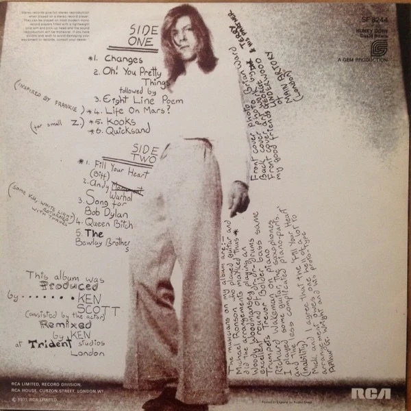 DAVID BOWIE, Hunky Dory (RCA Victor Orange No Stereo Text; SF 8244, UK 1976 Reissue, Non-laminated sleeve. GEM. NO Mainman , Insert, No Mainman logo on rear) LP VG+/VG+ - Image 2