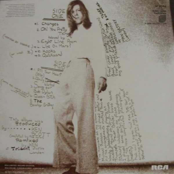 DAVID BOWIE, Hunky Dory (RCA Victor Orange (Glossy); SF 8244, UK 1972 Reissue, Insert, A3T/B3T Bobil, Bobil/Rasputin Matrices, Gem Production, No Mainman) LP VG/VG - Image 2