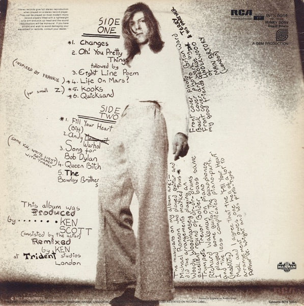 DAVID BOWIE, Hunky Dory (RCA International Green; INTS 5064, UK 1980 Reissue) LP G+/VG - Image 2