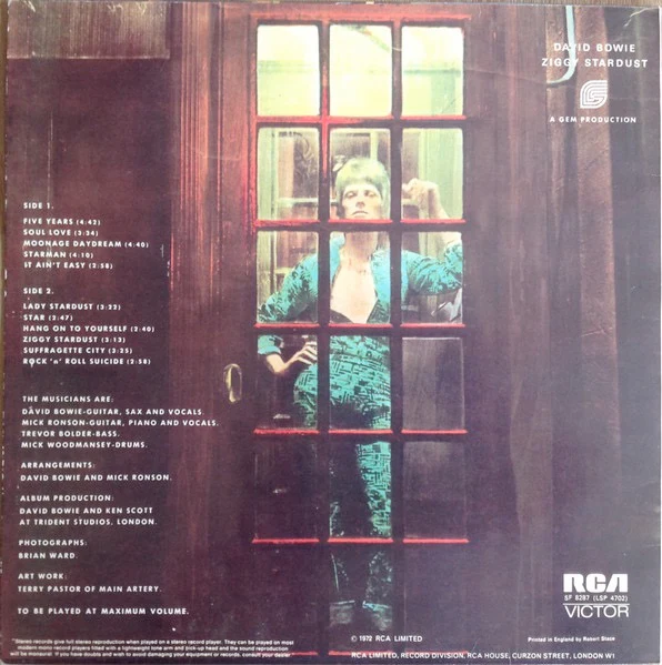 DAVID BOWIE, The Rise And Fall Of Ziggy Stardust And The Spiders From Mars (RCA Victor Orange With Stereo; SF 8287, UK 1972, Inner, First UK issue. 1E/1E Matrix. Titanic/Chrysalis publishing LP VG/G+ - Image 2