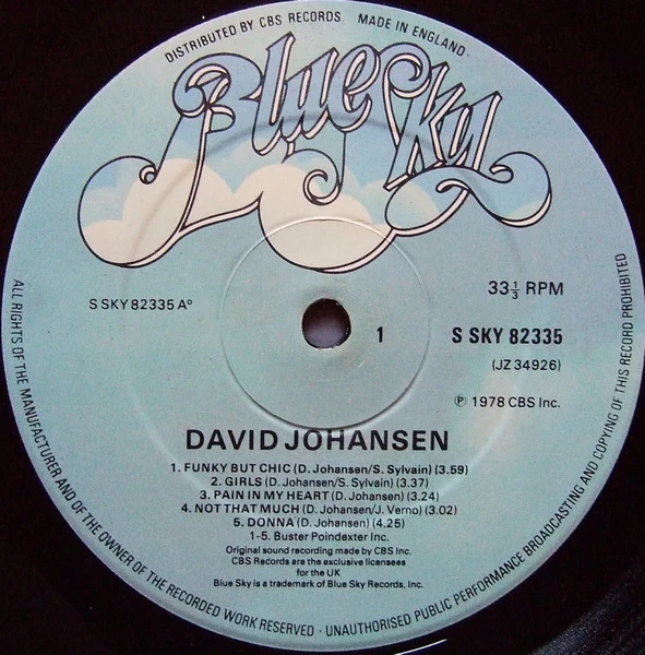 DAVID JOHANSEN, David Johansen (Blue Sky; SKY 82335, UK 1978) LP VG/VG+ - Image 3