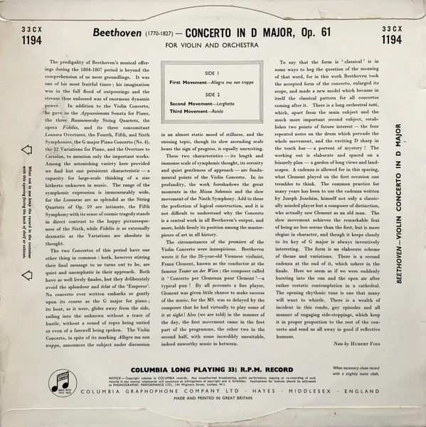 DAVID OISTRAKH AND THE THE STOCKHOLM FESTIVAL ORCHESTRA CONDUCTED BY SIXTEN EHRLING, Beethoven: Violin Concerto (Columbia; 33 CX 1194, UK 1954, Laminated Scalloped Flipback Sleeve) LP VG+/VG+ - Image 2