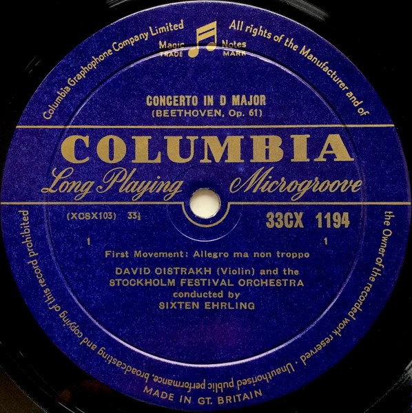 DAVID OISTRAKH AND THE THE STOCKHOLM FESTIVAL ORCHESTRA CONDUCTED BY SIXTEN EHRLING, Beethoven: Violin Concerto (Columbia; 33 CX 1194, UK 1954, Laminated Scalloped Flipback Sleeve) LP VG+/VG+ - Image 3