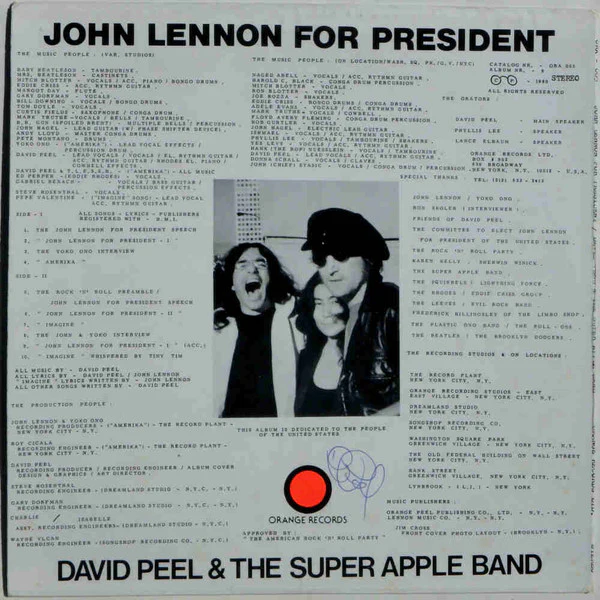 DAVID PEEL & THE SUPER APPLE BAND, John Lennon For President (Orange Records Ltd.; ORA-005, US 1980), SALE - Up to 50% Off the Original Price LP VG/VG - Image 2