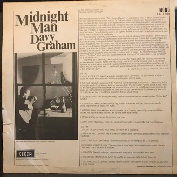 DAVY GRAHAM, Midnight Man (Decca Red Unboxed; LK4780, UK 1966) LP G+/G+ - Image 2