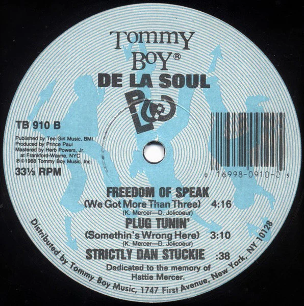 DE LA SOUL, Plug Tunin' / Freedom Of Speak/ Strictly Dan Stuckie (Tommy Boy; TB 910, US 1988, Company Sleeve), SALE - Up to 50% Off the Original Price  12" VG/VG - Image 2