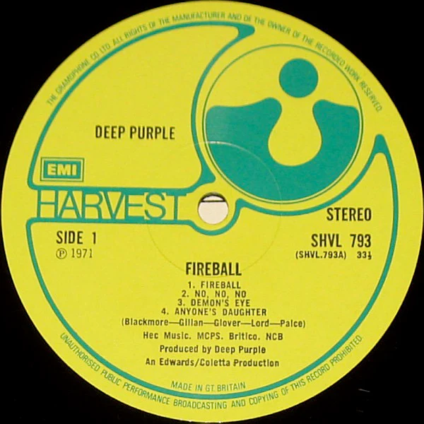 DEEP PURPLE, Fireball (Harvest; SHVL 793, UK 1971, Textured Gatefold Sleeve, Insert, 'The Gramophone Co. Ltd' Label) LP VG+/VG+ - Image 3
