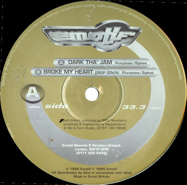DEEPENDANCE, Dark Tha' Jam / Broke My Heart (Drop Down) (Emotif Recordings; EMF 004, UK 1995, Company Sleeve) 12" VG/VG - Image 2