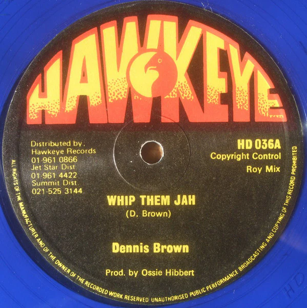 DENNIS BROWN / THE JAYS, Whip Them Jah / Pretty Looks (Hawkeye; HD036, UK 1979, Company Sleeve, Blue Vinyl) 12" G+/VG