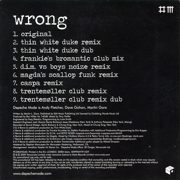 DEPECHE MODE, Wrong (Club Promo) (Mute; PCDBONG40, Europe 2009) CD VG/VG+ - Image 2