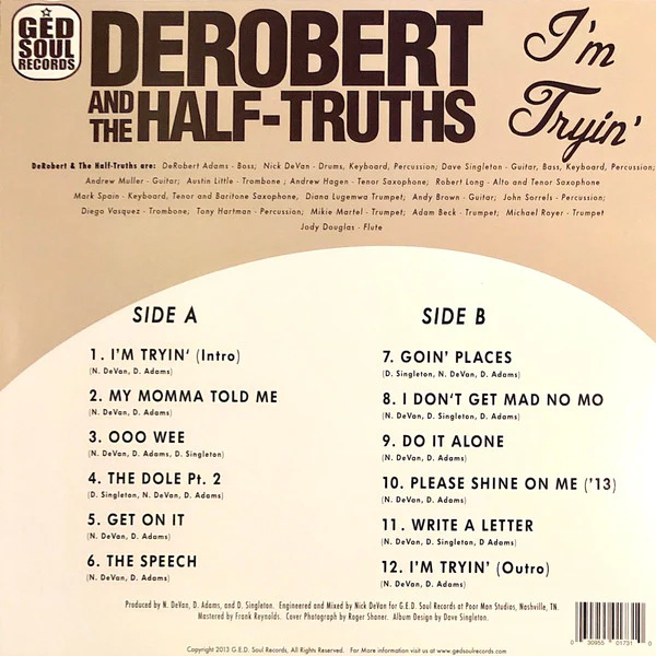 DEROBERT & THE HALF-TRUTHS, I'm Tryin' (G.E.D. Soul Records; GED-1006, US 2014, Maroon Marbled Vinyl) LP VG+/VG+ - Image 2