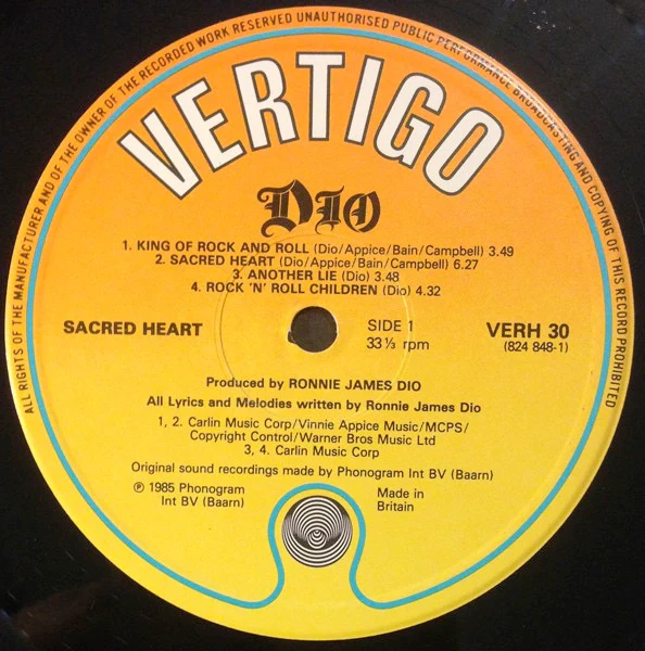 DIO, Sacred Heart (Vertigo; VERH 30, UK 1985, Inner) LP VG/VG - Image 3