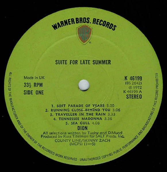 DION, Suite For Late Summer (Warner Bros. Records Green Labels; K 46199, UK 1972, Insert) LP VG/VG - Image 3