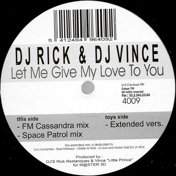 DJ RICK & DJ VINCE, Let Me Give My Love To You (Gun Records; GUN 4009, Belgium 1996), SALE - Up to 50% Off the Original Price 12" G+/G+ - Image 3