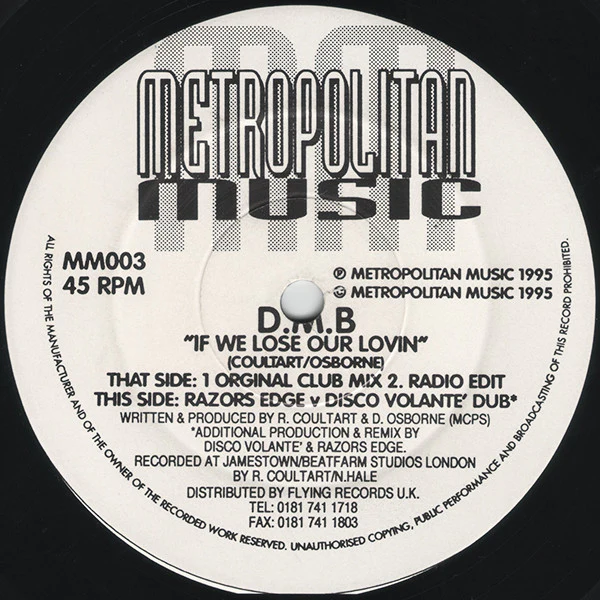 D.M.B, If We Lose Our Lovin (Metropolitan Music; MM003, UK 1995, Plain Sleeve), SALE - Up to 50% Off the Original Price  12" /VG