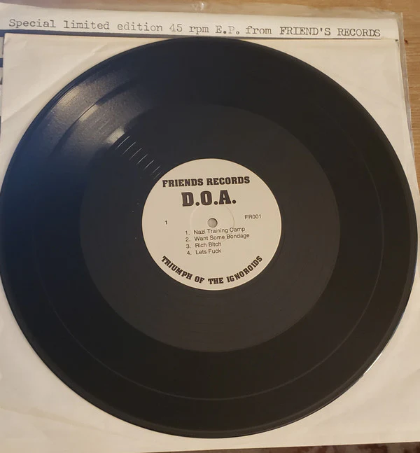 D.O.A., Triumph Of The Ignoroids (Friends Records; FR001, Canada 1981 Reissue, Fold Over Sleeve, Third Pressing, Censored Sleeve) 12" EP VG+/VG+ - Image 2