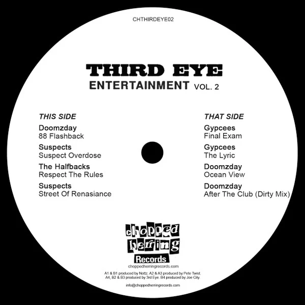 DOOMZDAY / SUSPECTS / THE HALFBACKS / GYPCEES, Third Eye Entertainment Vol.2 (Chopped Herring Records; CHTHIRDEYE02, UK 2021, Stickered Plain Sleeve, Green/Silver Vinyl) 12" EP VG+/VG+ - Image 2