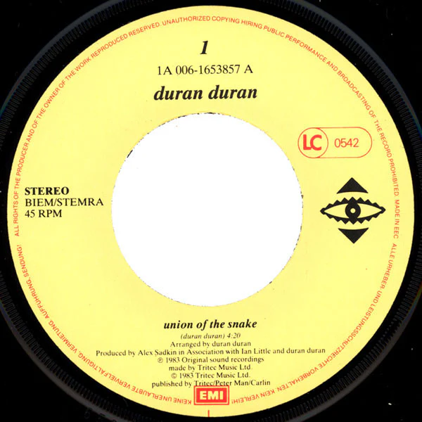 DURAN DURAN, Union Of The Snake (EMI ; 1A 006-1653850, Netherlands 1983, Picture Sleeve, With Six Inch Flexi Disc) 7" VG+/EX - Image 3