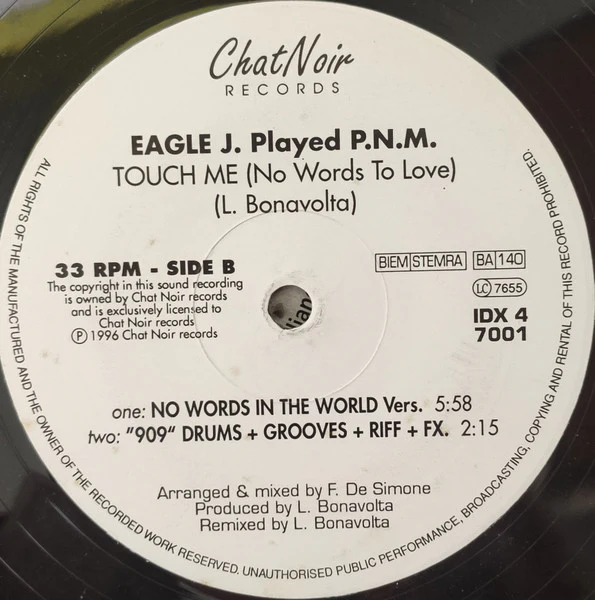 EAGLE J. & PLAYED P.N.M., Touch Me (No Words To Love) (Chat Noir Records; 7001, Italy 1996), SALE - Up to 50% Off the Original Price  LP /VG+ - Image 2