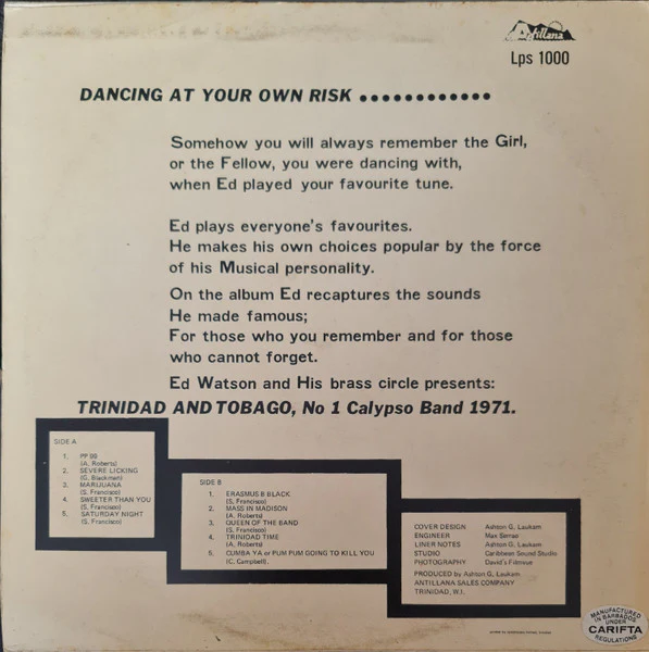 ED WATSON AND THE BRASS CIRCLE, Dancing At Your Own Risk (Antillana; LPS 1000, Canada 1971) LP VG/VG+ - Image 2