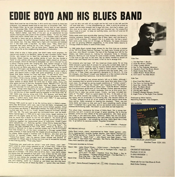 EDDIE BOYD AND HIS BLUES BAND FEATURING PETER GREEN, Eddie Boyd And His Blues Band (Crosscut Records ; CCR 1002, Germany 1982 Reissue, Laminated Sleeve) LP VG+/VG+ - Image 2