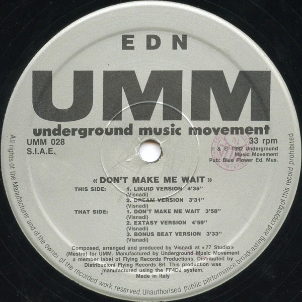 EDN, Don't Make Me Wait (UMM ; UMM 028, Italy 1992) 12" VG/VG