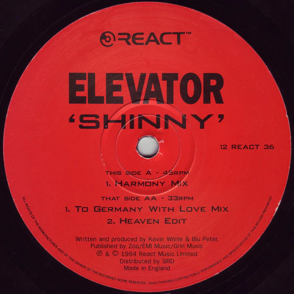 ELEVATOR, Shinny (React; 12 REACT 36, UK 1994, Die Cut Company Sleeve) 12" G+/G+ - Image 3