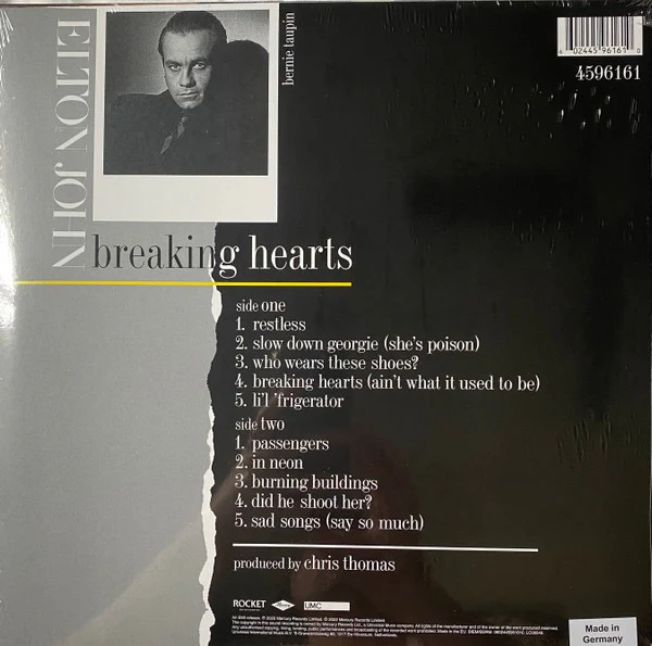 ELTON JOHN, Breaking Hearts (Rocket Entertainment; 4596161, Worldwide 2022 Reissue, Remastered, 180g Vinyl) LP NEW/NEW - Image 2