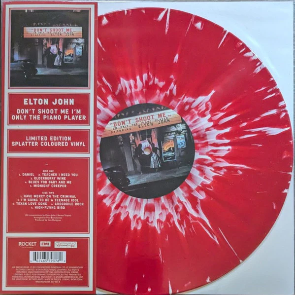 ELTON JOHN, Don't Shoot Me I'm Only The Piano Player (Rocket Entertainment; 657 937-8, Worldwide 2024 Reissue, Clear Plastic Sleeve, Insert, Red With Cream Splatter Vinyl) LP VG+/VG+