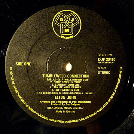 ELTON JOHN, Tumbleweed Connection (DJM Black and Yellow; DJF 20410, UK 1976 Reissue, Gatefold Textured Sleeve, Stapled In Booklet) LP VG/VG - Image 3