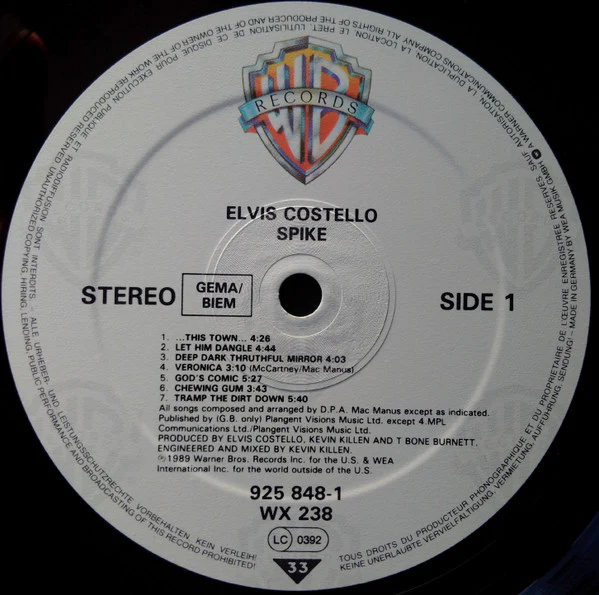 ELVIS COSTELLO, Spike (Warner Bros. Records; 925 848-1, UK 1989, Inner, TELDEC Pressing With Embossed Number In Pressing Ring) LP VG/VG+ - Image 3