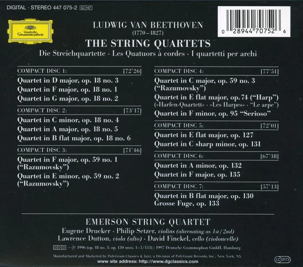EMERSON STRING QUARTET, Beethoven: The String Quartets (Deutsche Grammophon; 447 075-2, UK, Europe & US 1997, Box Set, Booklet) 7xCD VG+/VG+ - Image 2